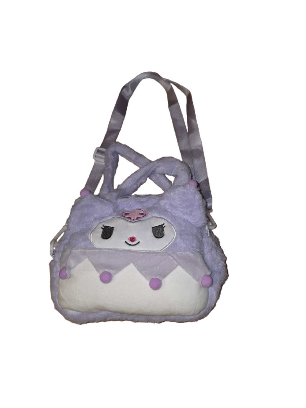 Sanrio Kuromi purple & pink plush bag with white face and pink pom-poms